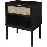 Caine Nightstand Side Table in Black Wood & Rattan
